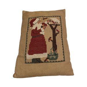 Christmas Accent Pillow W/Cross Stitch Santa Claus  Holiday Decor - Handcrafted